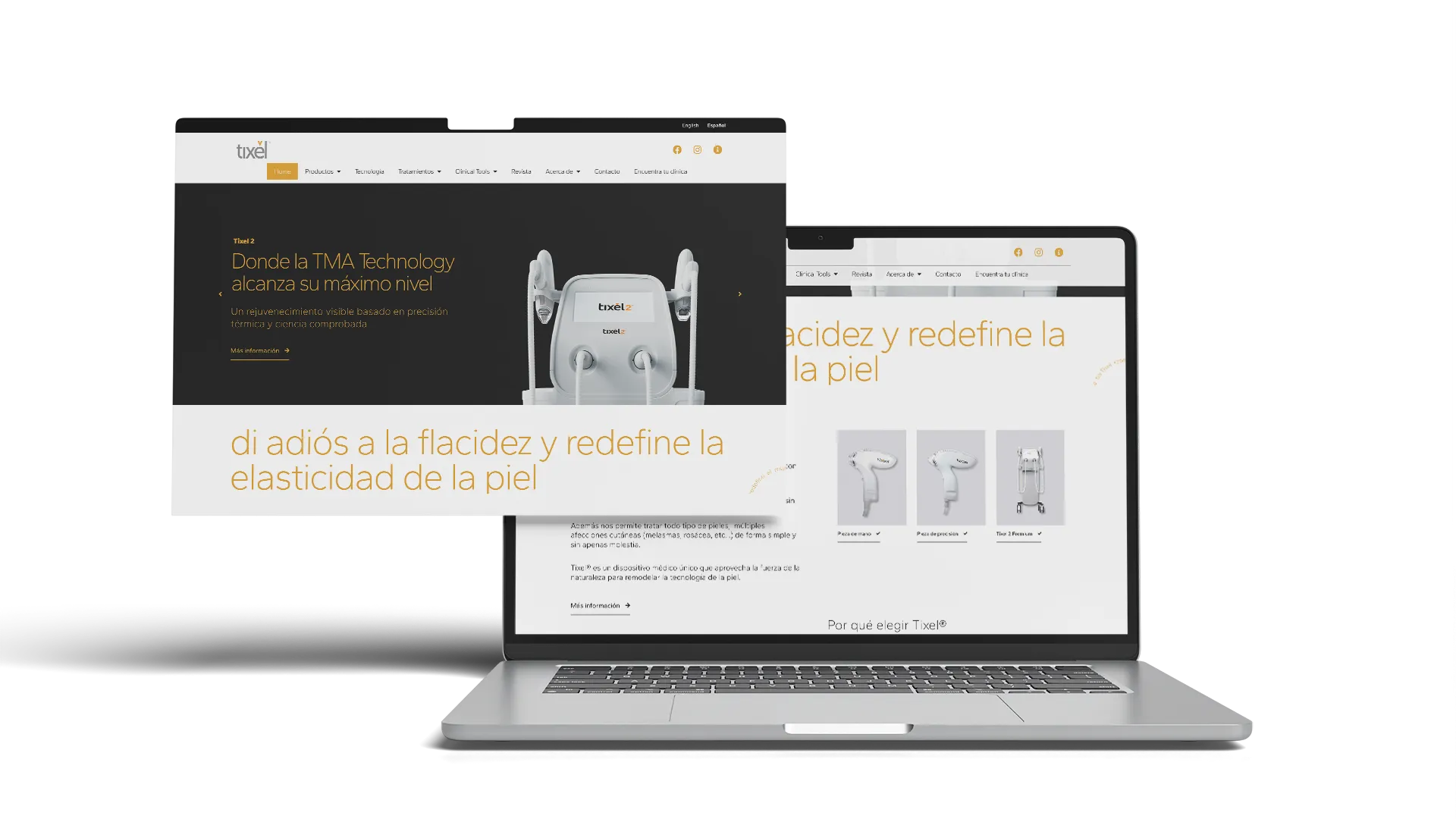 Tixel Spain — home con dispositivo de rejuvenecimiento y mensaje de precisión clínica